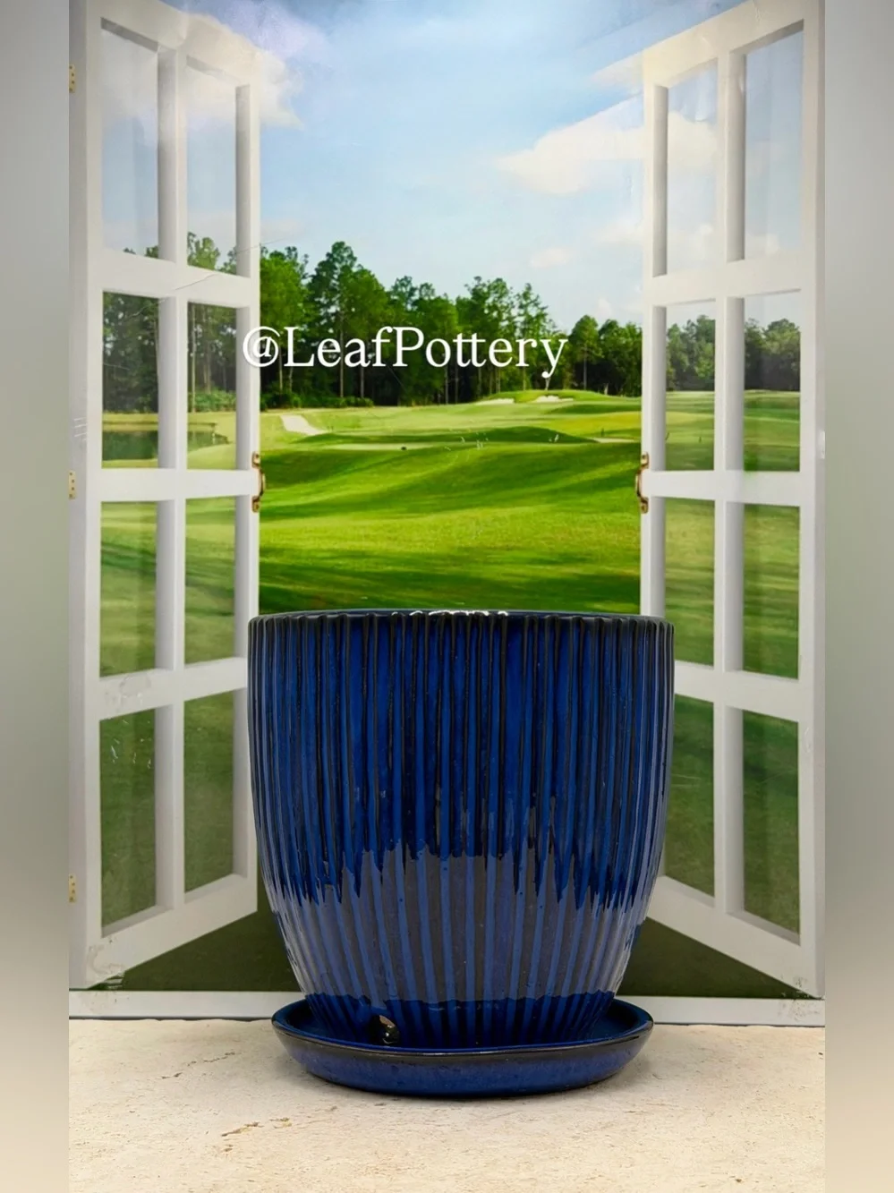 Cobalt Blue Ceramic Planter with Saucer, 7 Inch Rippled Pot with Drainage